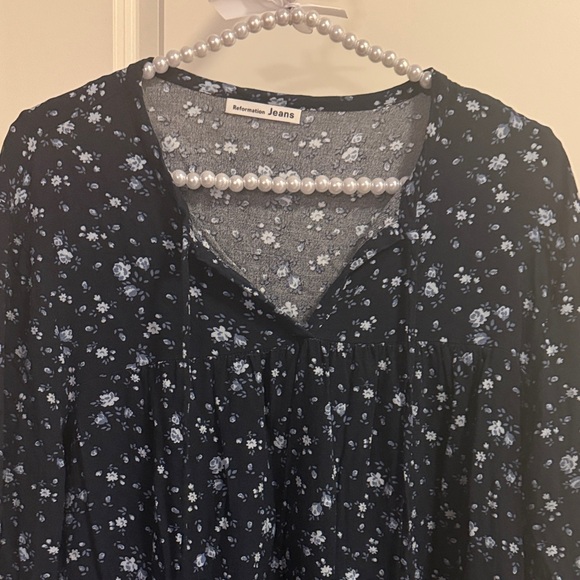 EUC Reformation Navy Blue Floral Print Cotswold Mini Dress Size Large - Picture 5 of 8